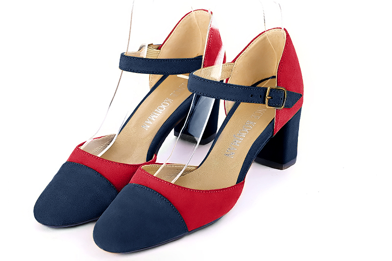 Navy blue and cardinal red women's open side shoes, with an instep strap. Round toe. Medium block heels. Front view - Florence KOOIJMAN